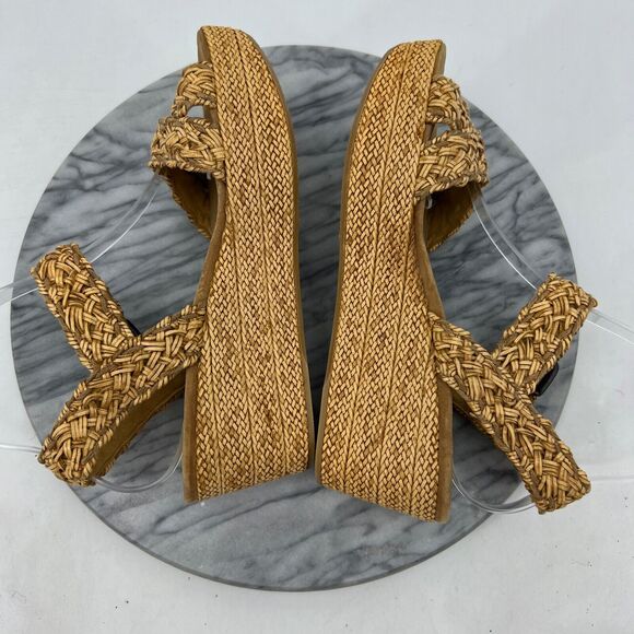 Stuart Weitzman Womens 7.5 Sandals Camel Crochet Braid Wedge Espadrille Platform - Picture 6 of 12